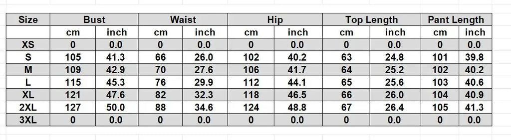Size guide table for clothing, listing measurements in cm and inches for bust, waist, hip, top length, and pant length.