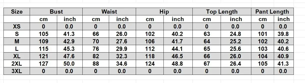 Size guide table for clothing, listing measurements in cm and inches for bust, waist, hip, top length, and pant length.