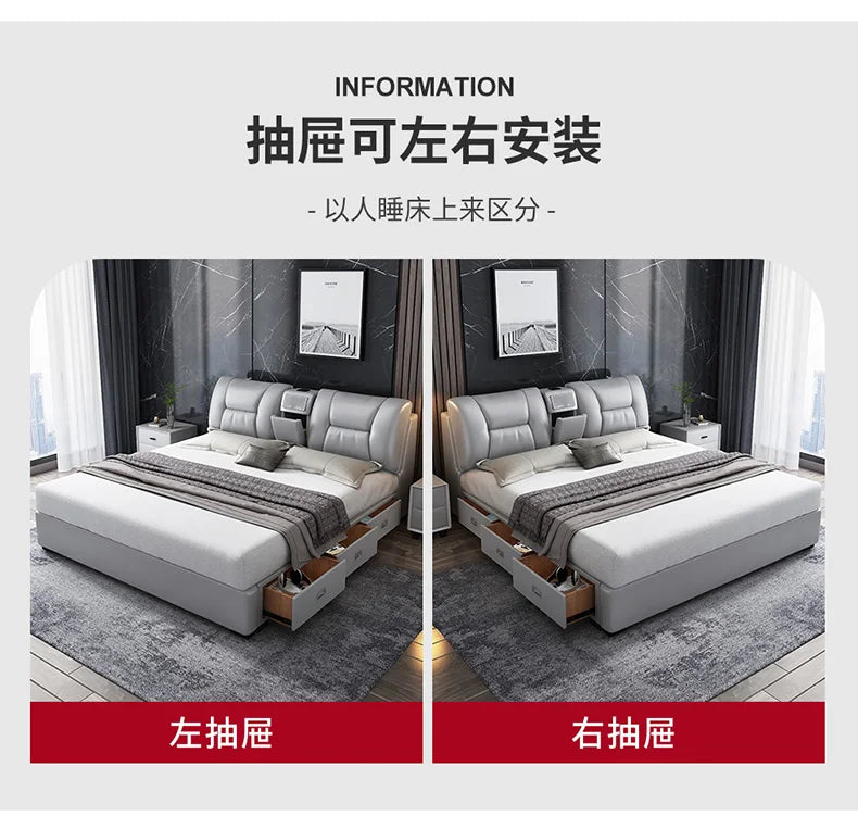Minimalist grey upholstered king size bed with built-in storage drawers, featuring a versatile left or right setup.