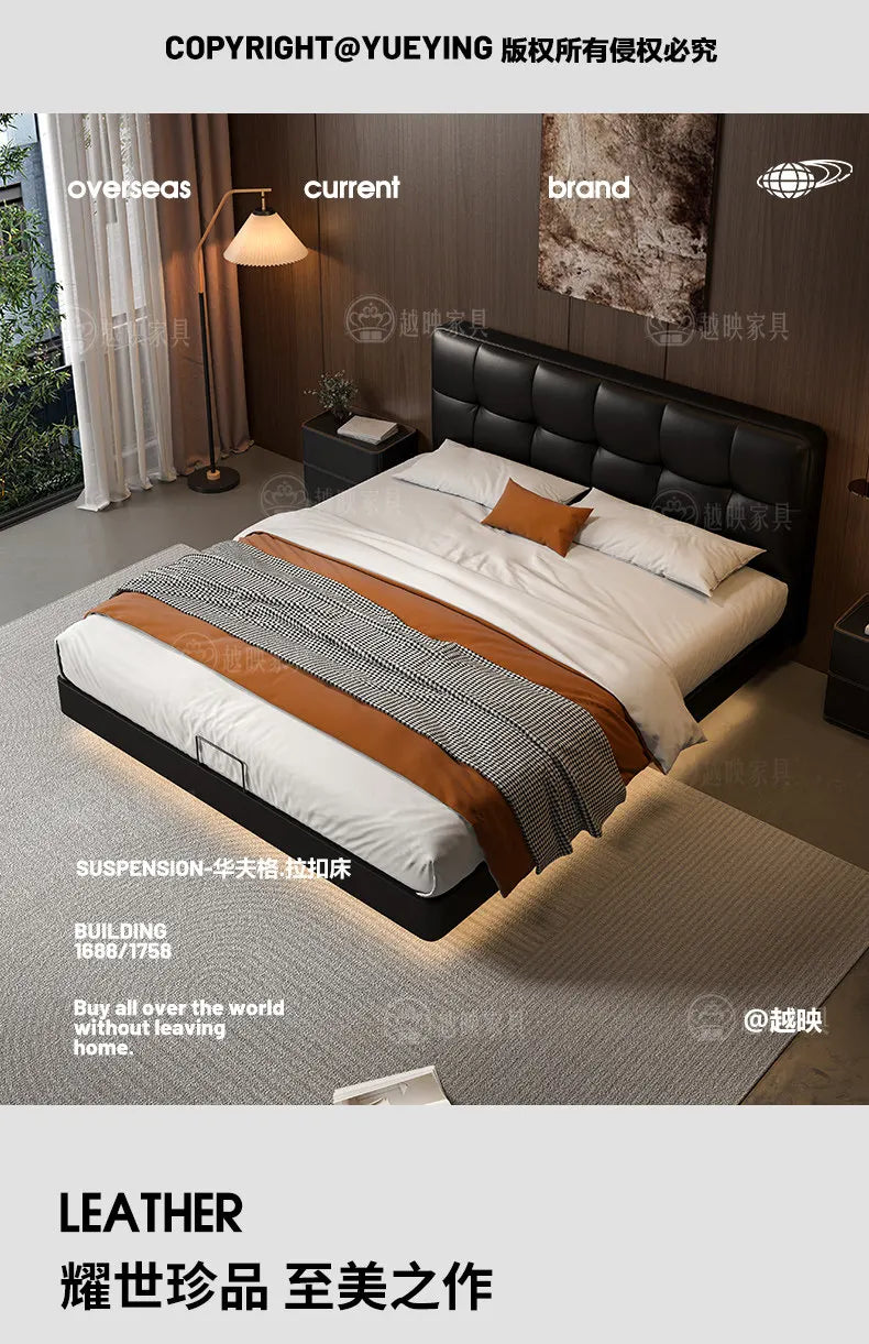 Luxury black leather floating double bed with a tufted headboard and integrated under-bed lighting.