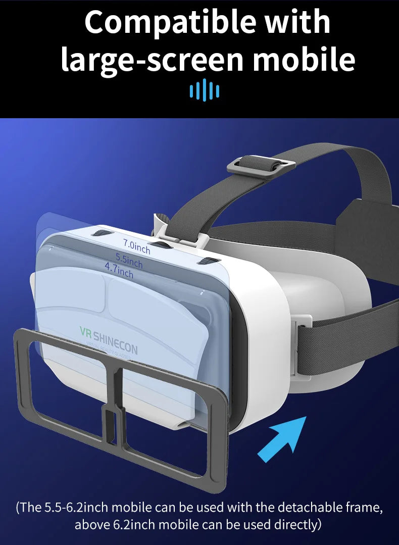 White smartphone VR headset with adjustable strap and a detachable frame for different mobile screen sizes.