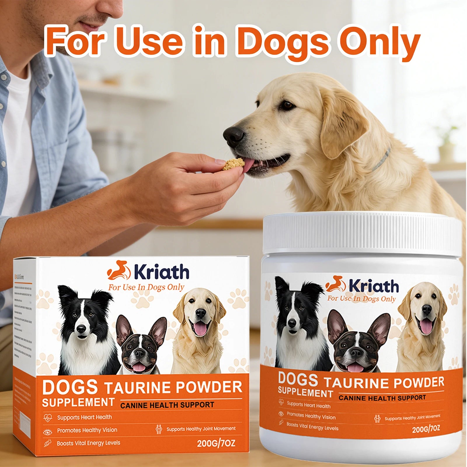 Man feeding a treat to a dog next to a tub and box of orange and white taurine supplement powder for canine health.