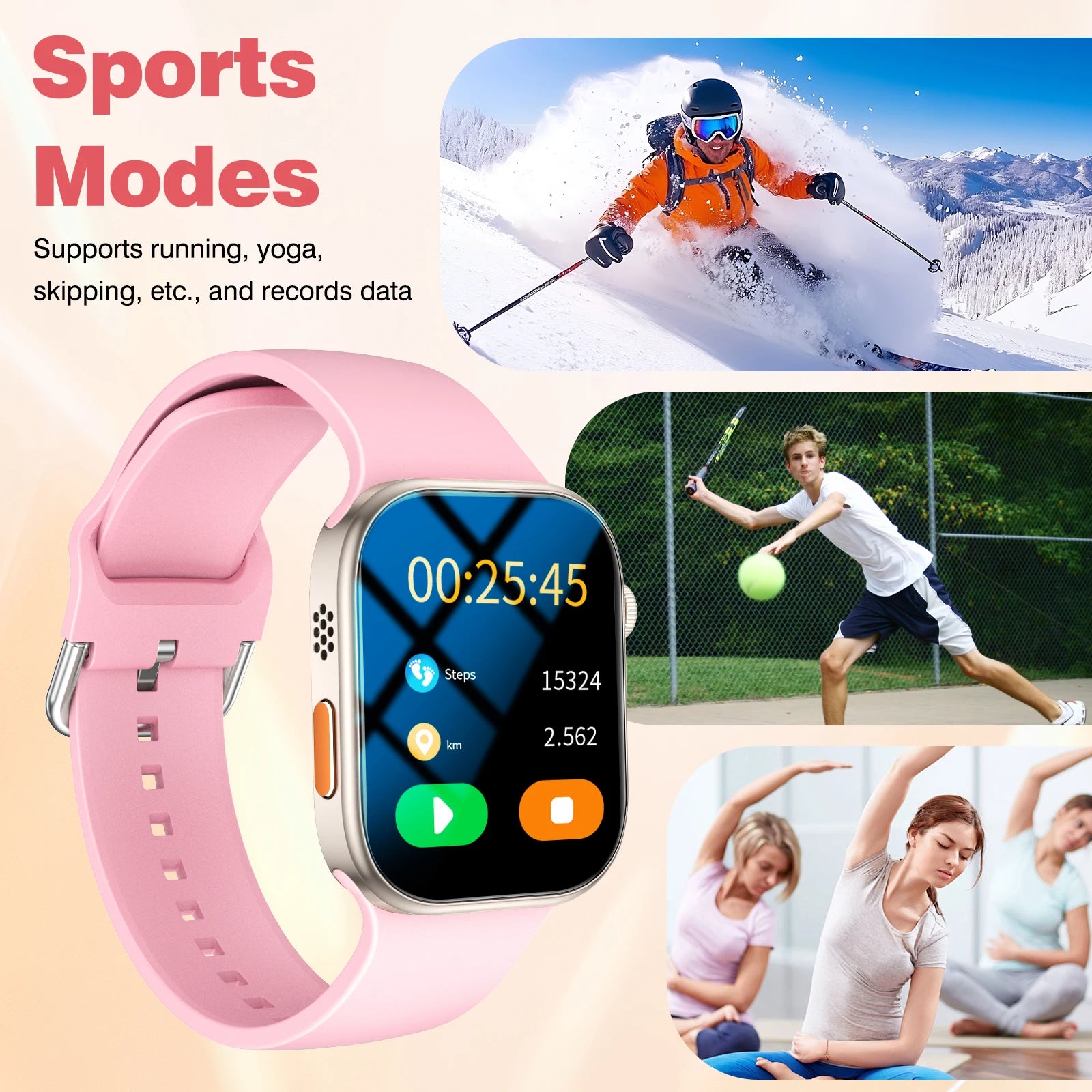 Pink smartwatch with 2.02-inch HD display, showing fitness tracking data alongside images of sports activities.