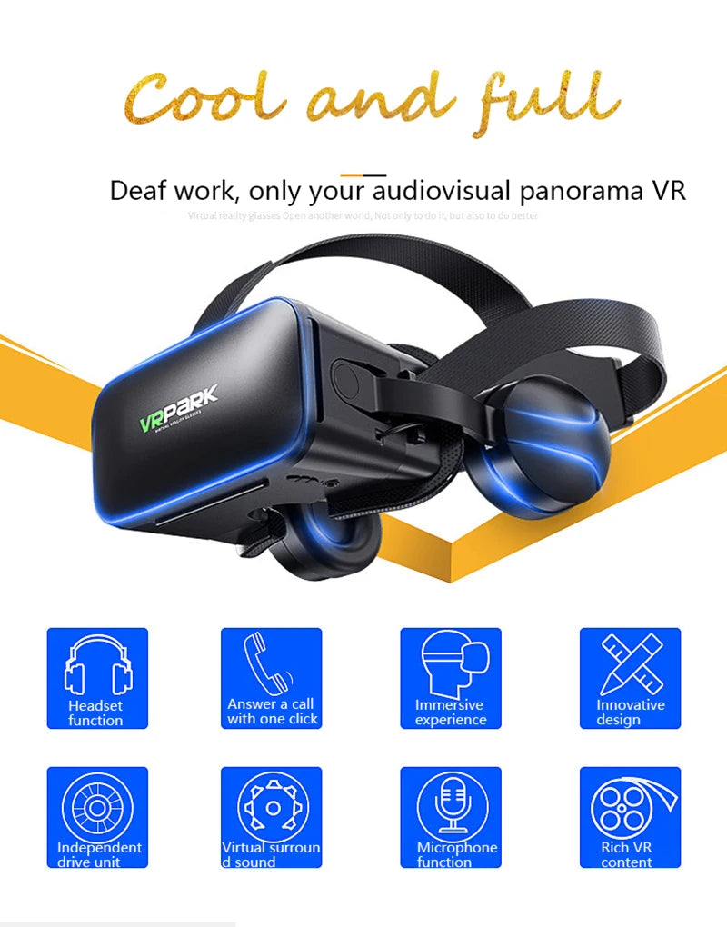 Black VR headset with blue LED accents and integrated headphones, shown with feature icons.