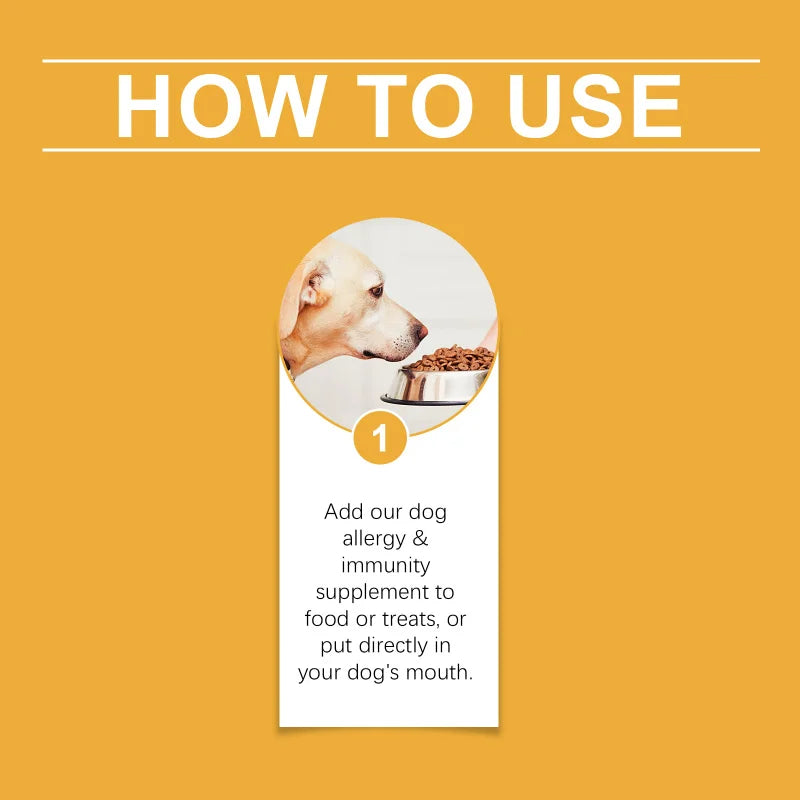 Infographic showing how to add dog allergy and immunity supplement to food, treats, or directly into a dog's mouth.
