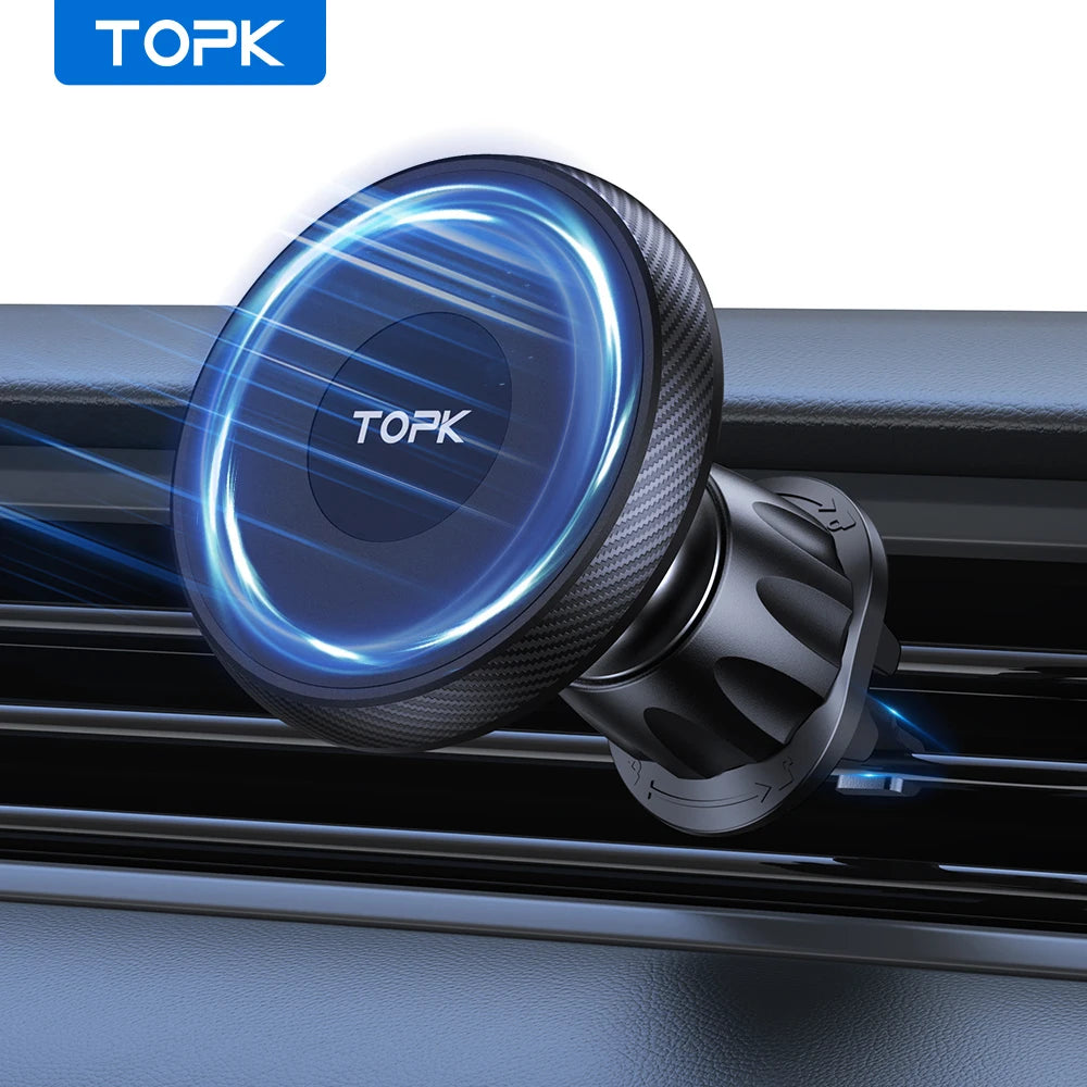 Black magnetic car phone mount with a textured circular head, mounted on a vehicle air vent with a blue light effect.