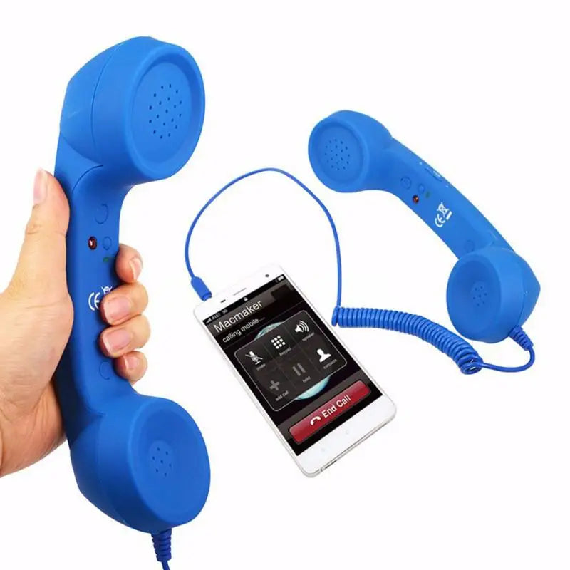 Handheld retro-style blue telephone handset for smartphones, featuring a coiled cord and integrated call button.