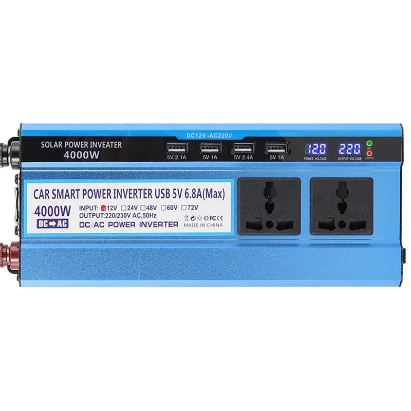 Blue 4000W power inverter with an LCD voltage display, four USB ports, and two universal AC power sockets.