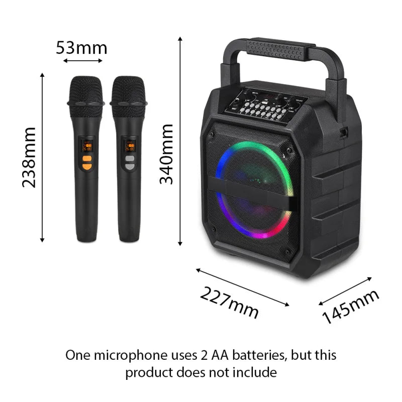 Black portable wireless speaker with rainbow LED lights and two matching microphones, shown with dimensions.