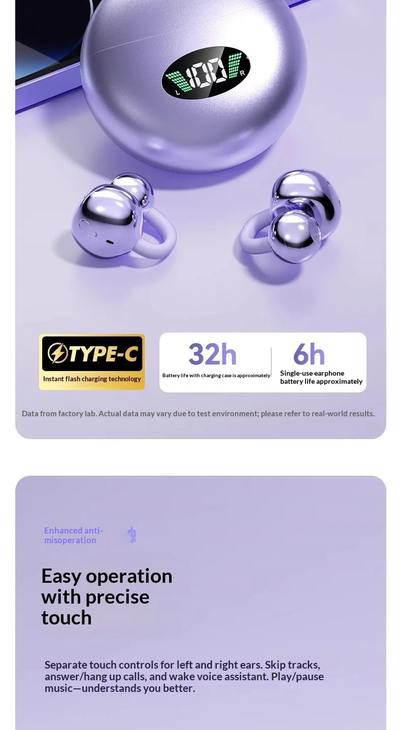 Shiny purple wireless earbuds with a matching digital charging case on a light purple background.