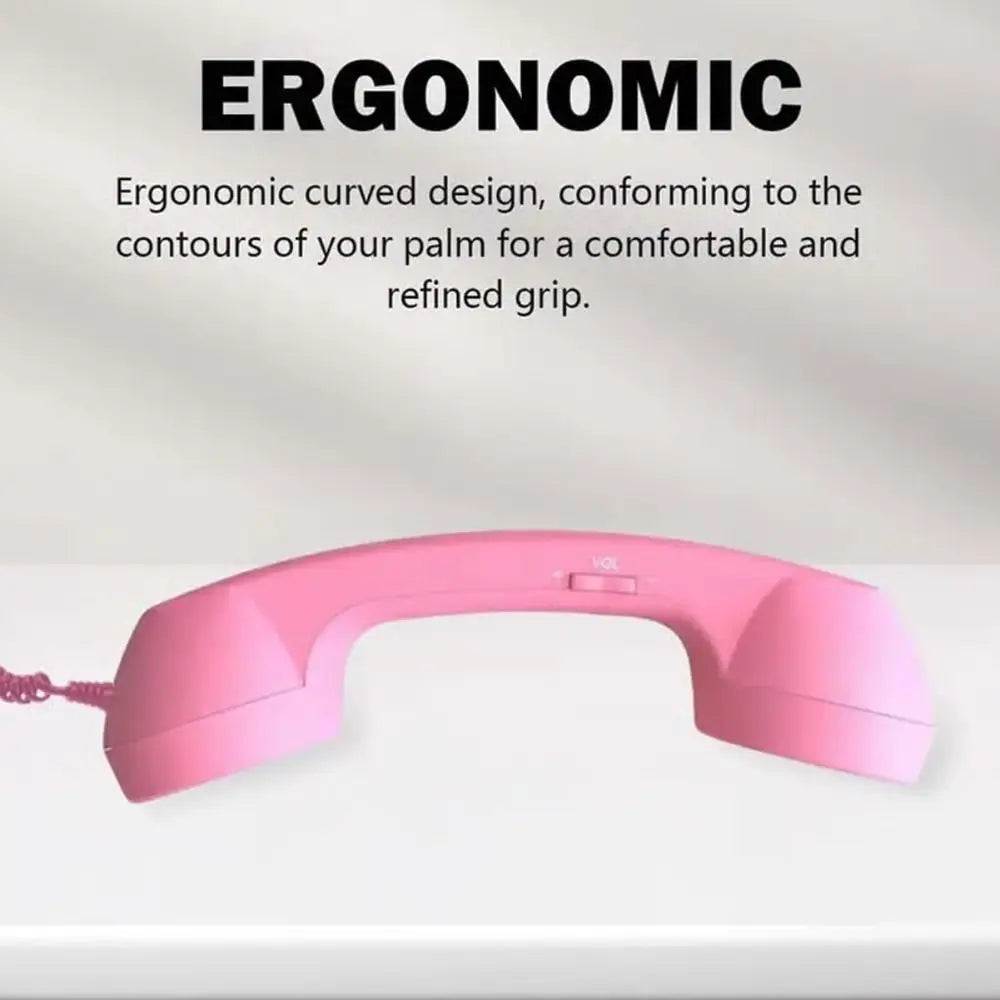 Pink retro-style phone handset with a curved, ergonomic design for a comfortable grip and adjustable volume control.