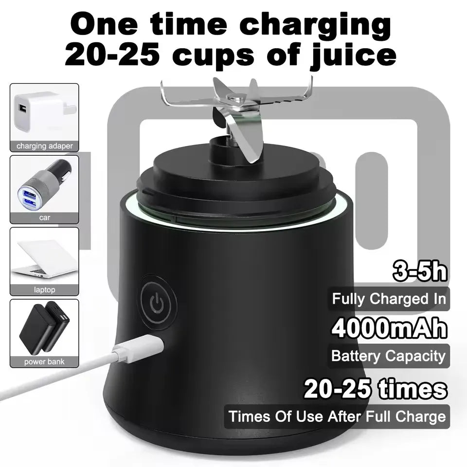 Black portable blender base with metal blades and power button, showing USB charging icons and battery specifications.