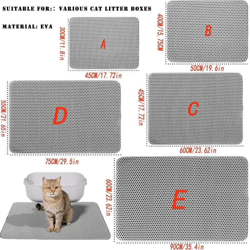 Grey EVA waterproof cat litter trapping mats with a honeycomb surface, shown in five different rectangular sizes.