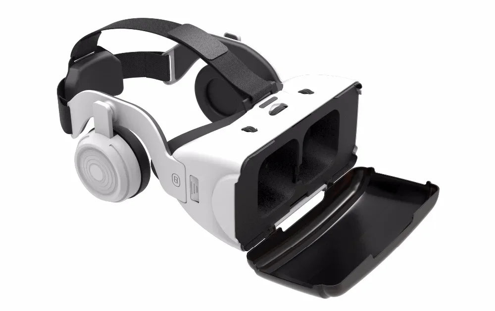 White and black 3D VR headset with integrated over-ear headphones and an open compartment for a smartphone.