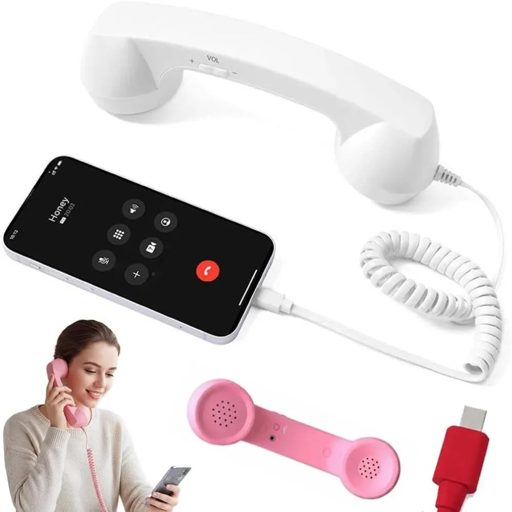 Retro-style telephone handsets for smartphones in white and pink, featuring coiled cords and volume controls.