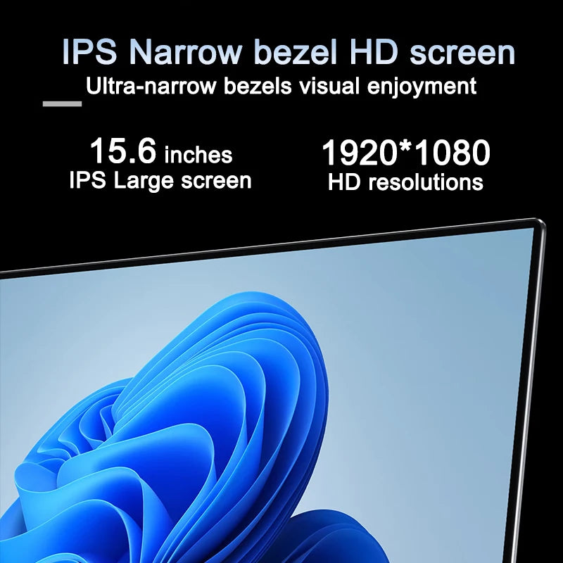 Close-up of a 15.6-inch laptop screen featuring an ultra-slim bezel and a vibrant blue abstract wallpaper.