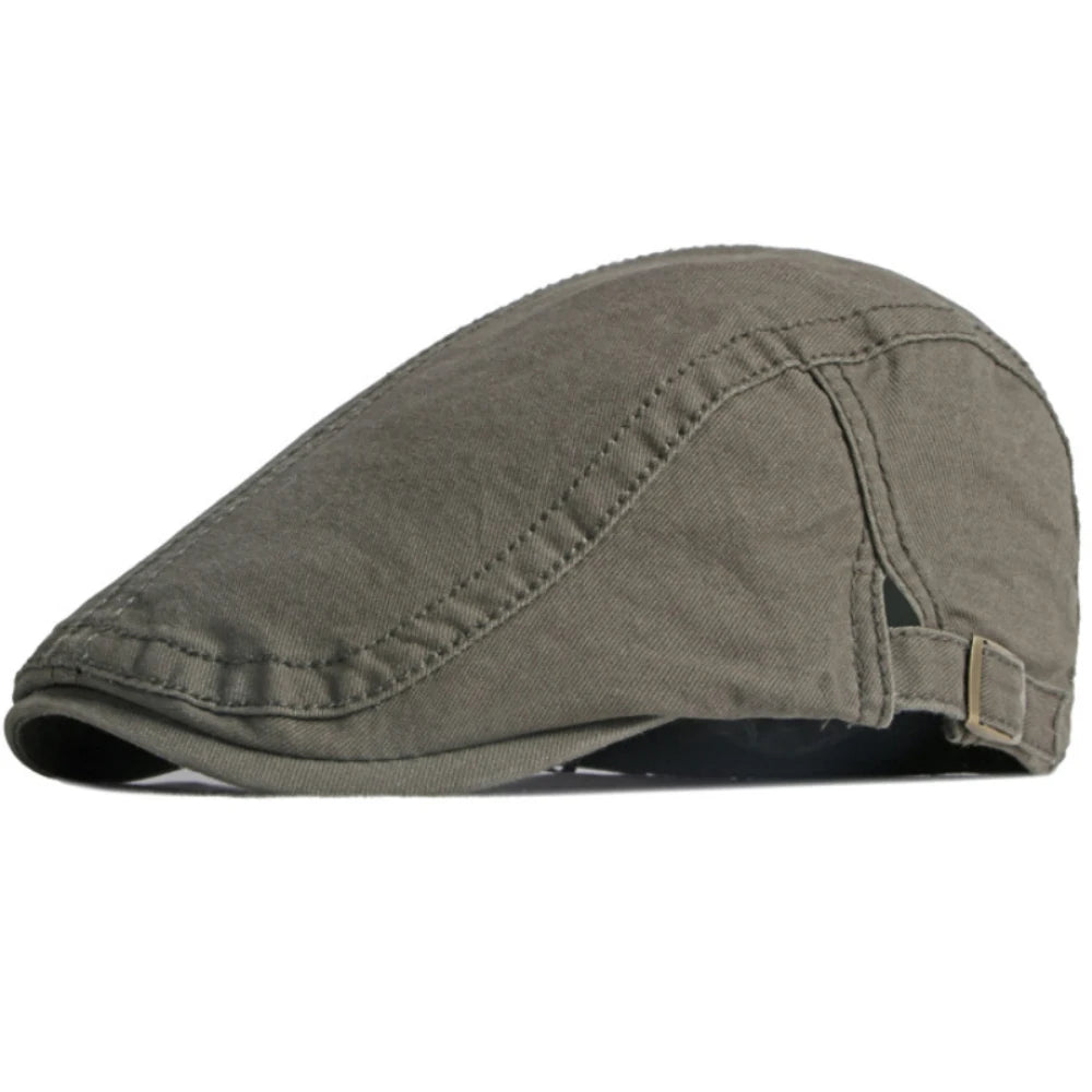 Olive green cotton flat cap with a stitched panel design and an adjustable side strap with a metal buckle.