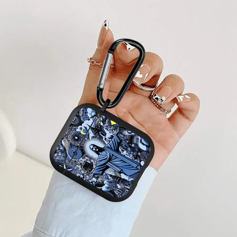 Blue and black graphic AirPods case with carabiner clip, featuring a religious figure illustration.