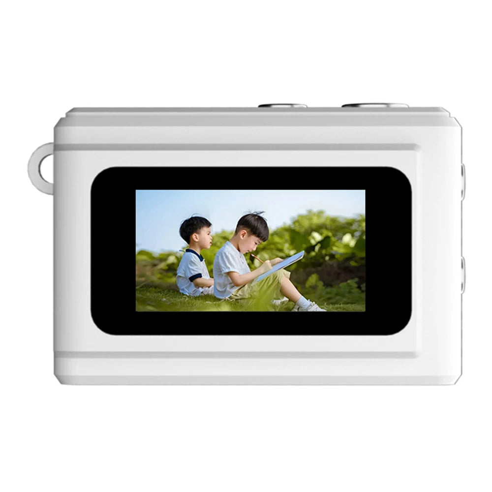 White plastic digital camera for kids with a rear LCD screen displaying a picture of two boys drawing outside.