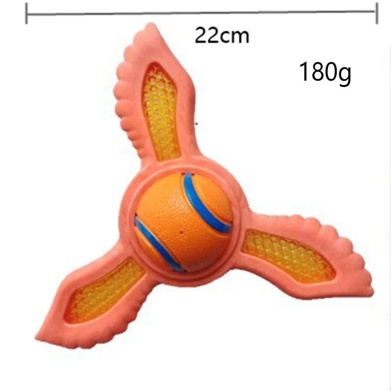 Orange, three-winged dog fetch toy with a central ball and yellow textured inserts, measuring 22cm in diameter.