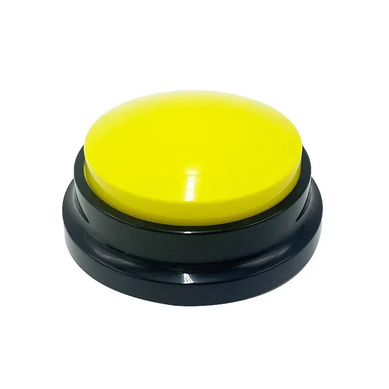 Round, recordable dog training button with a bright yellow top and a black base.