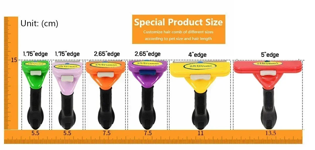 Six colourful pet de-shedding grooming tools with black handles, displayed in various blade widths from 1.75 to 5 inches.
