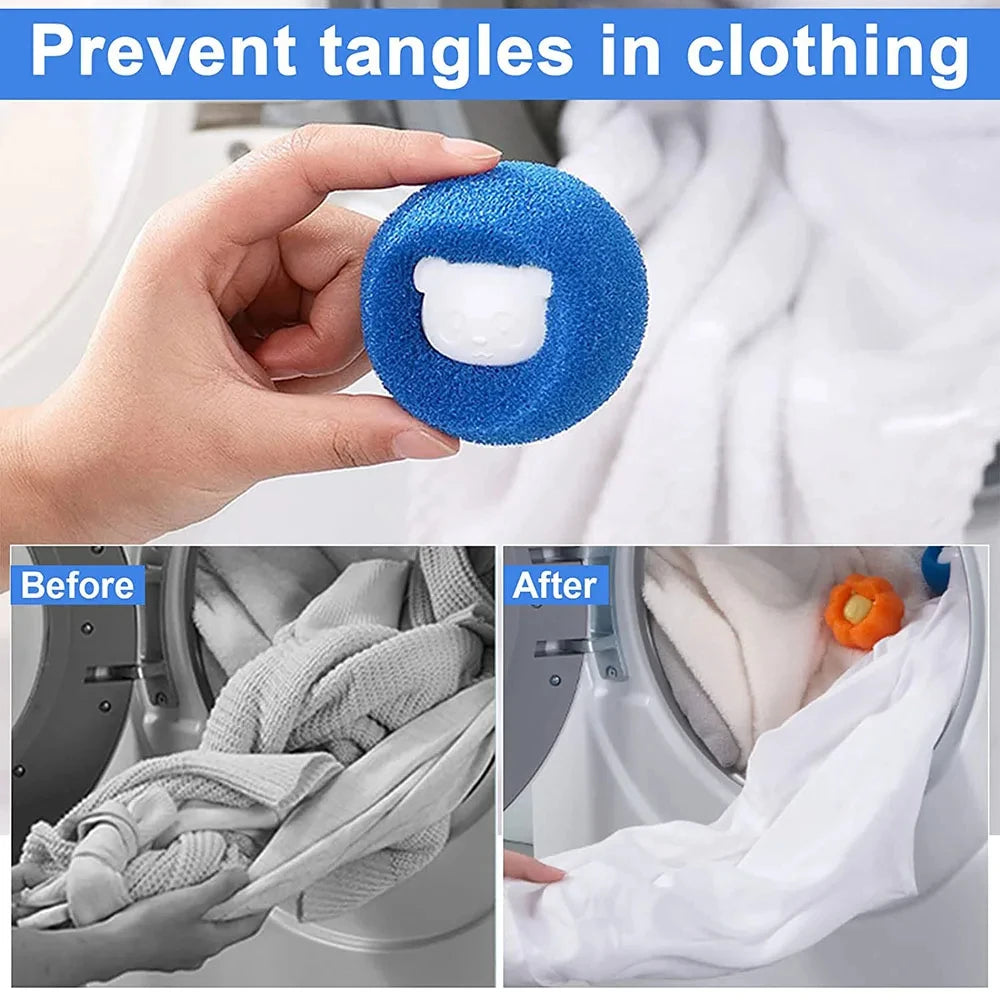A blue, sponge-like washing machine laundry ball with a white bear face centre, shown with before and after results.