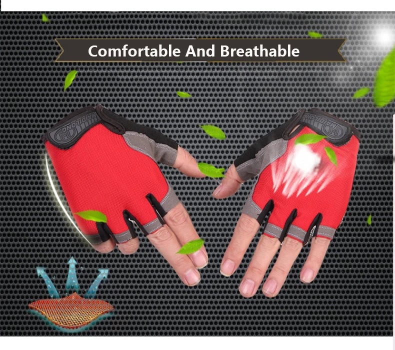 Pair of red, fingerless cycling gloves with grey accents, shown being worn against a dark grey mesh background.