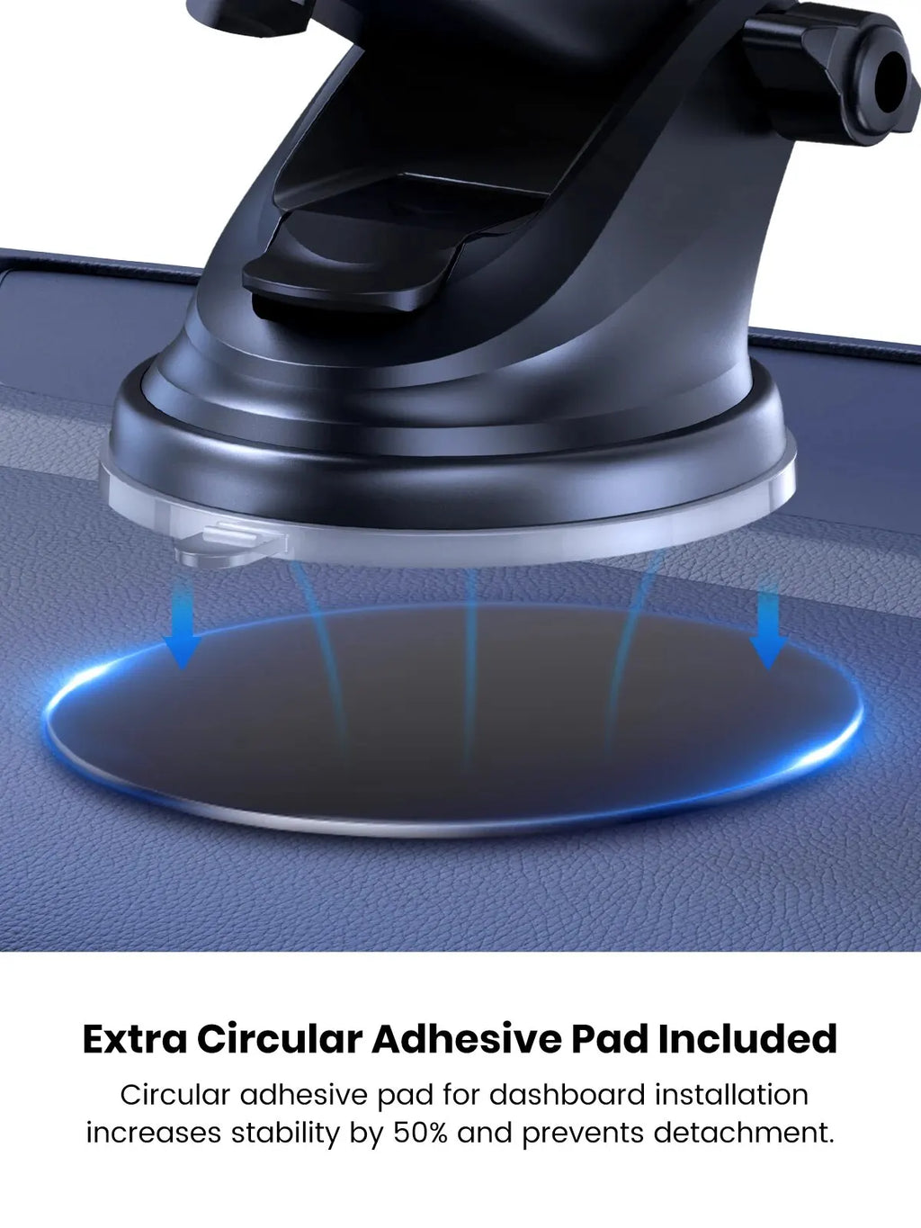 Black car phone mount suction base hovering above a circular adhesive mounting disc on a textured dashboard.