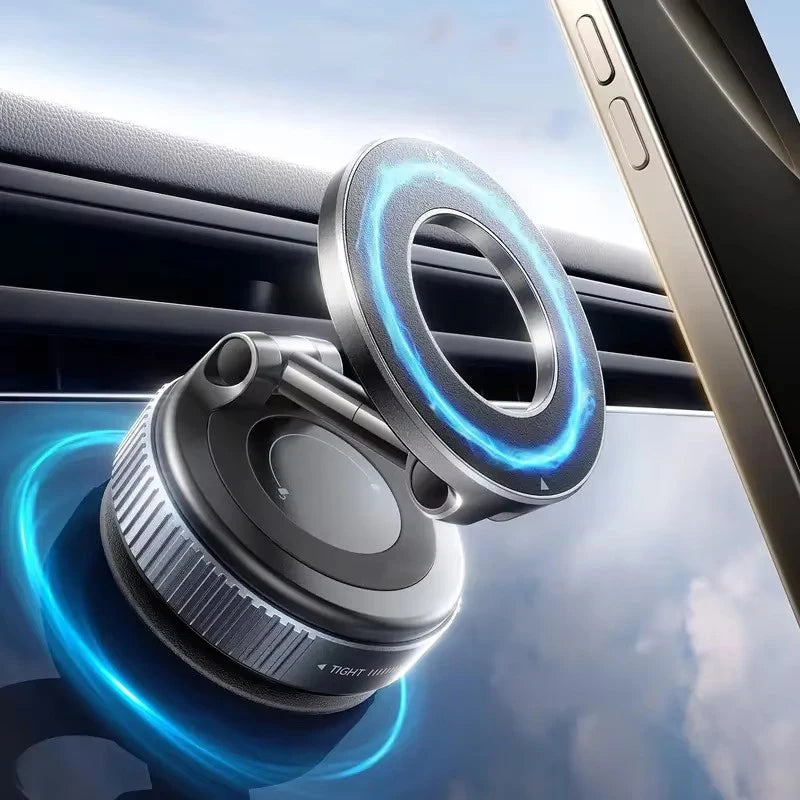 A sleek, metallic, circular car phone mount with a rotating magnetic ring and blue glowing light effect.
