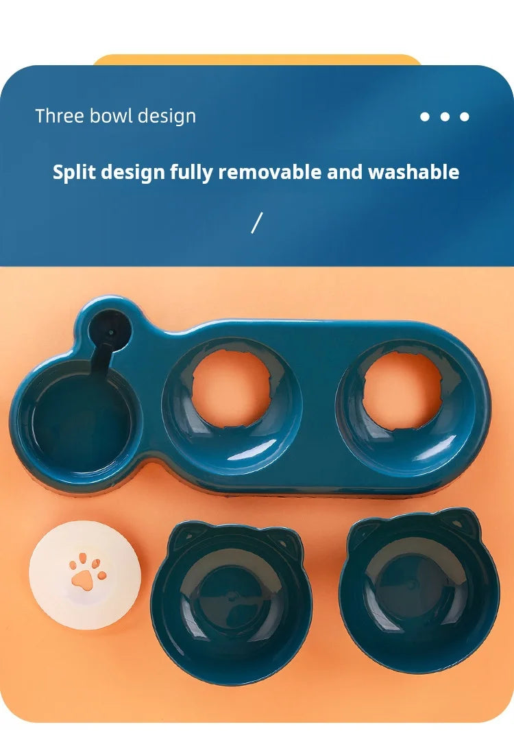 Teal 3-in-1 pet feeding station with removable bowls, a gravity water dispenser base, and a paw-print lid.