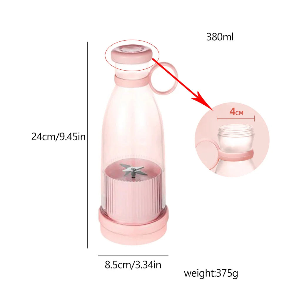 Pink 380ml portable blender bottle with a carry ring and steel blades, shown with dimensions and weight.