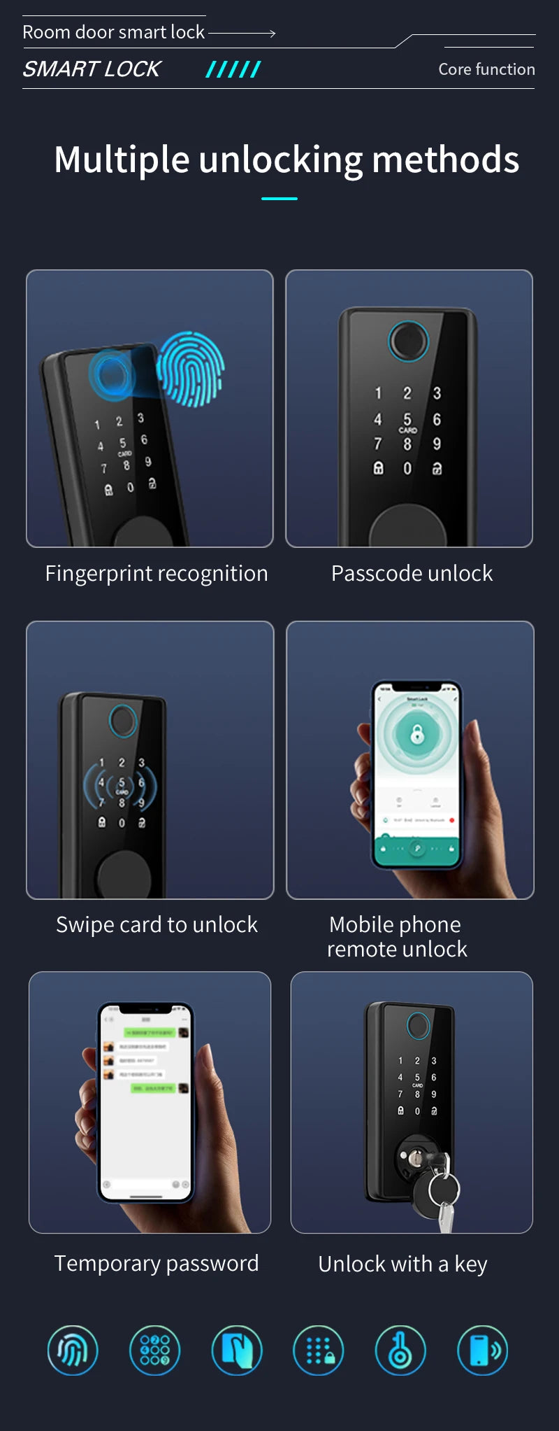 Black plastic smart door lock with touchscreen keypad, fingerprint reader, key slot, card scanner, and app control.