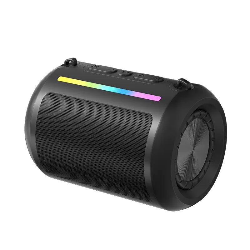 Black cylindrical portable Bluetooth speaker with a central RGB LED light strip and top-mounted control buttons.