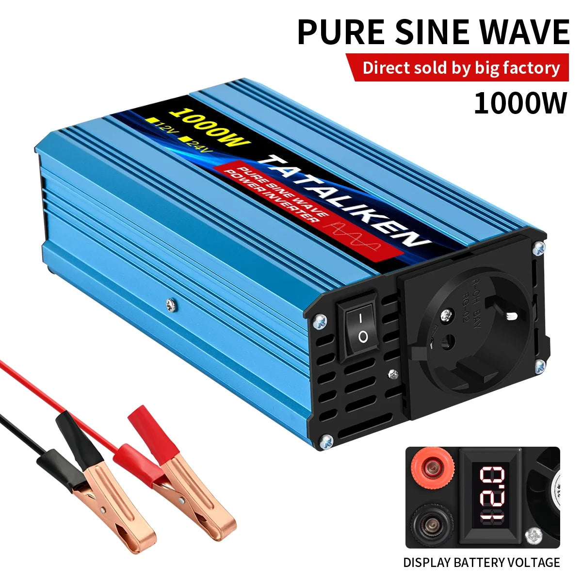 Blue metal 1000W power inverter with a UK socket, power switch, battery terminals, and a digital voltage display.