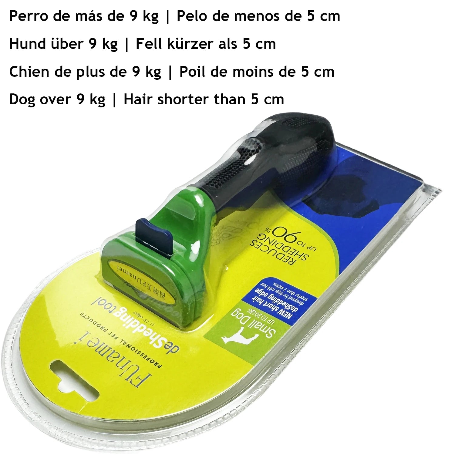 Green and black de-shedding tool for short-haired small dogs, packaged in retail plastic blister card.