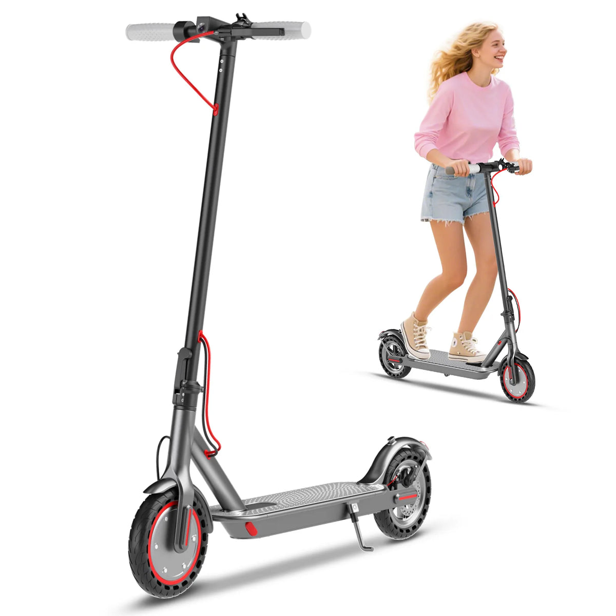 Dark gray folding electric scooter with 8.5-inch tires, red cable accents, and a smiling woman riding it.