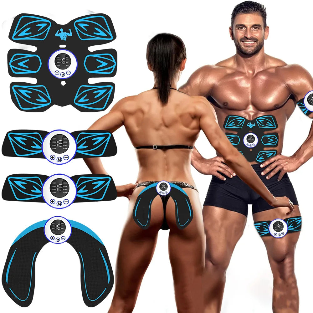 Black and blue EMS muscle stimulator pads with round digital control units worn by fit models.