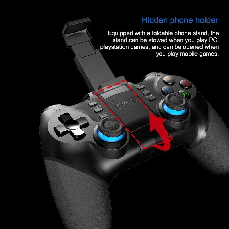 Black wireless gaming controller featuring a foldable smartphone mount and two blue-rimmed analog thumbsticks.