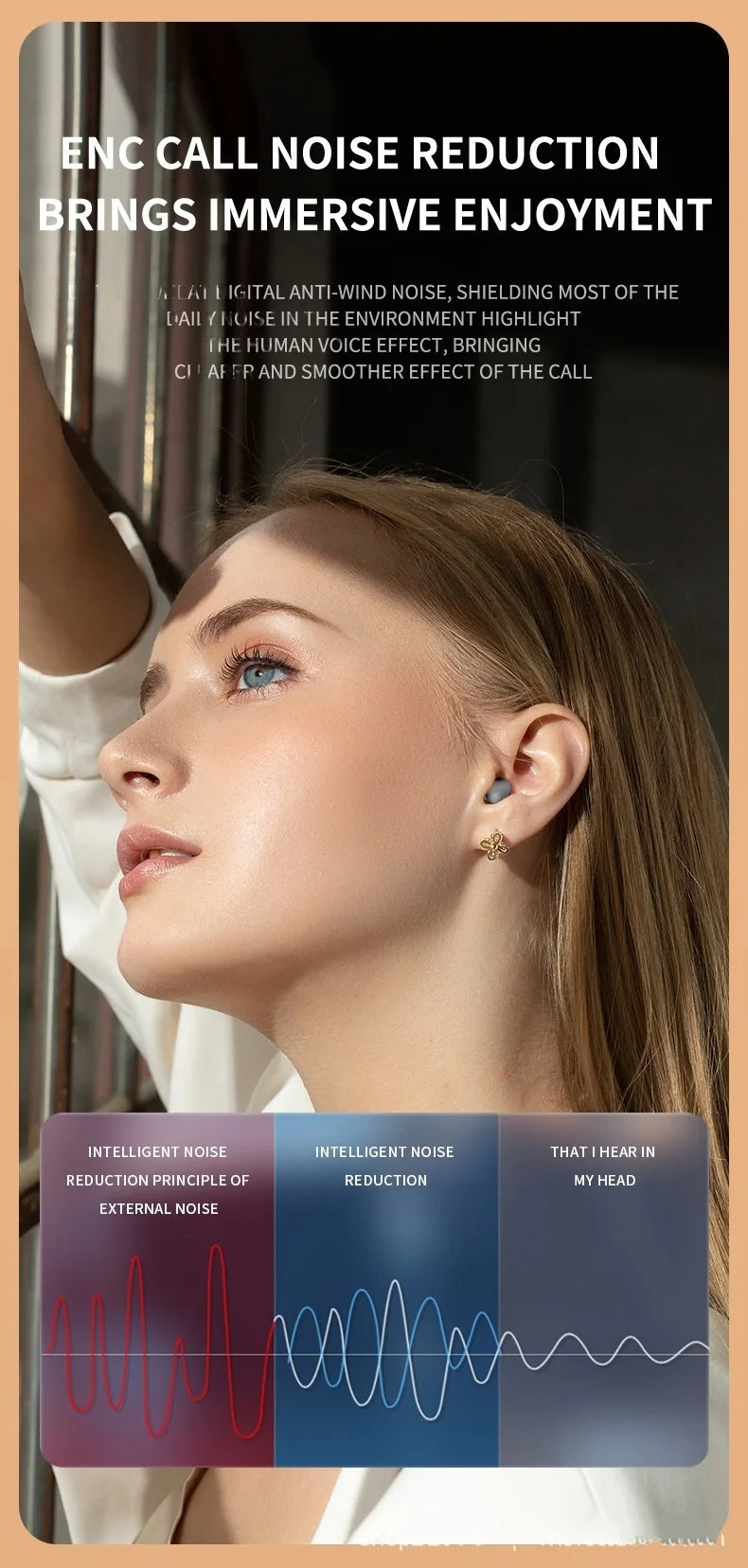 Woman wearing a small, discreet grey wireless earbud in one ear. Text overlay highlights noise reduction features.
