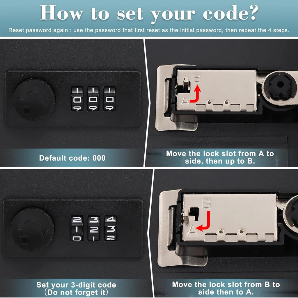 Black metal combination lock with a 3-digit dial and internal mechanism showing instructions for resetting the code.