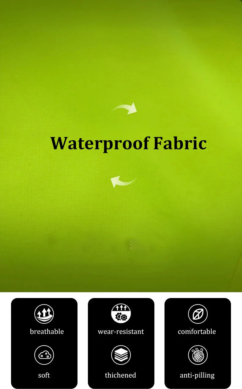Bright lime high-vis waterproof fabric with icons highlighting its breathable, durable, and comfortable features.