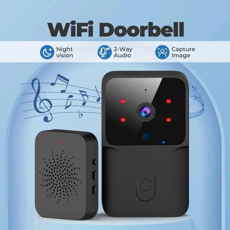 A black smart WiFi video doorbell and chime unit, featuring two-way audio, night vision, and image capture capabilities.
