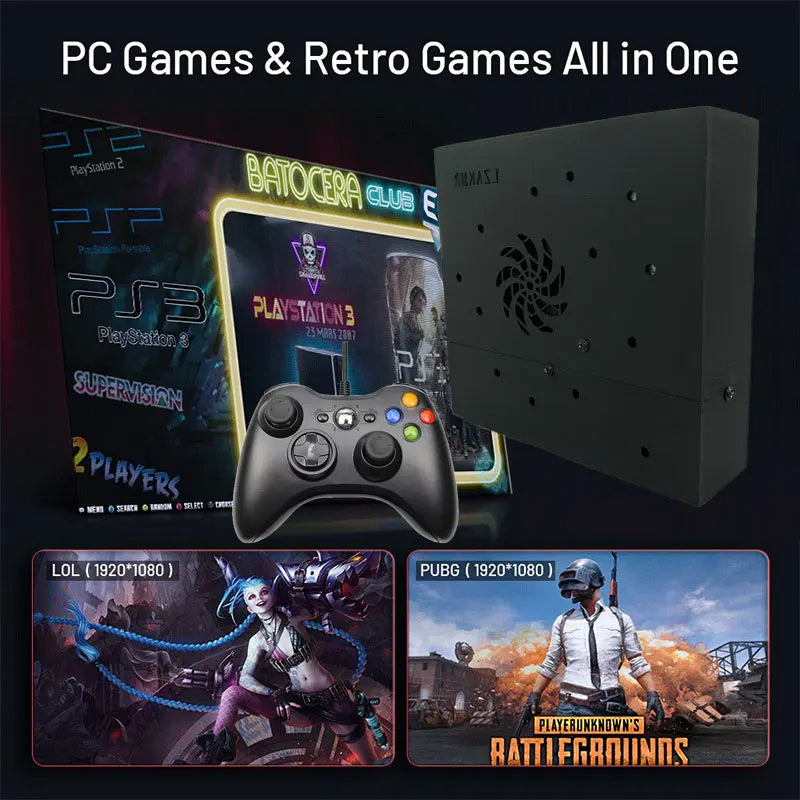 Black retro gaming console, gamepad controller, and packaging box displaying retro and PC games.