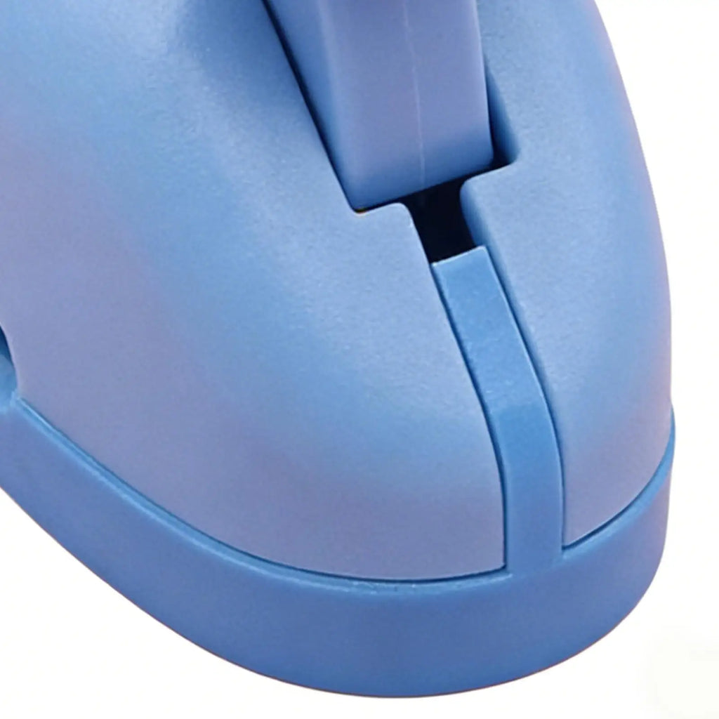 Close-up of a light blue plastic stapler, featuring a smooth, curved design and a visible lever mechanism.