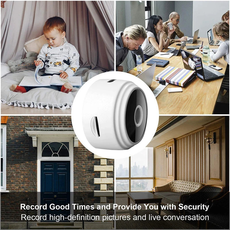 Small white circular plastic security camera with a black lens, showing surrounding domestic and office scenes.