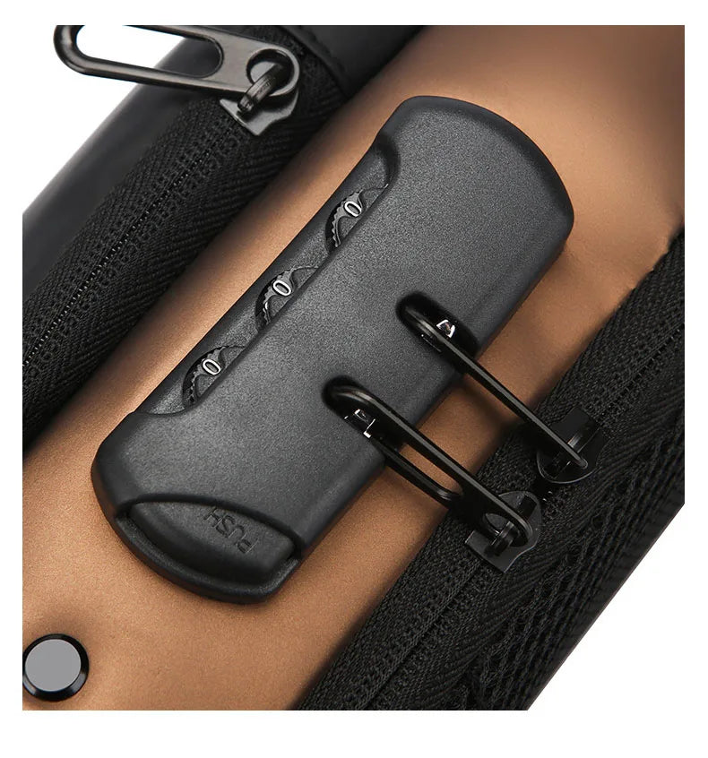 Close-up of a tan and black anti-theft sling bag featuring a secure three-digit combination lock on the zip.