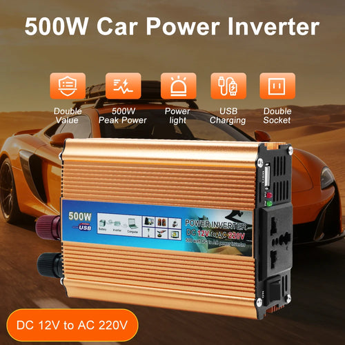 Gold 500W car power inverter with double AC socket, USB charging port, and LED power indicators.
