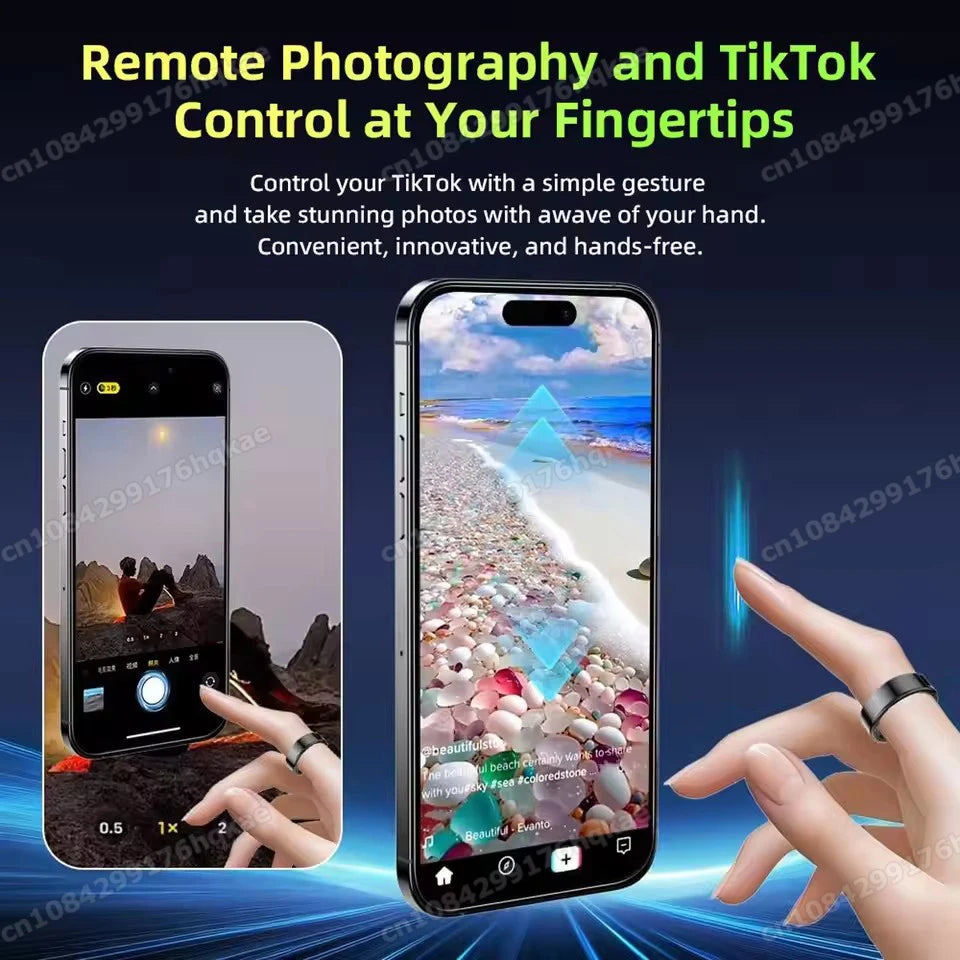 Sleek black smart ring being used to remotely control smartphone photography and social media apps via hand gestures.