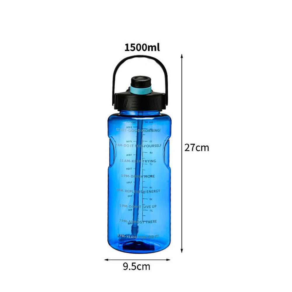 1500ml translucent blue water bottle with a black lid, straw, and motivational time markings.